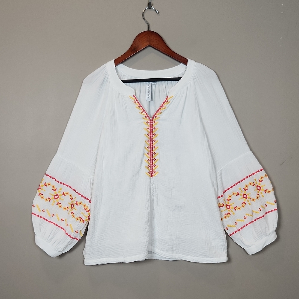 Grace + Karma‎ Gauzy White Cotton Embroidered Blouse Size Large